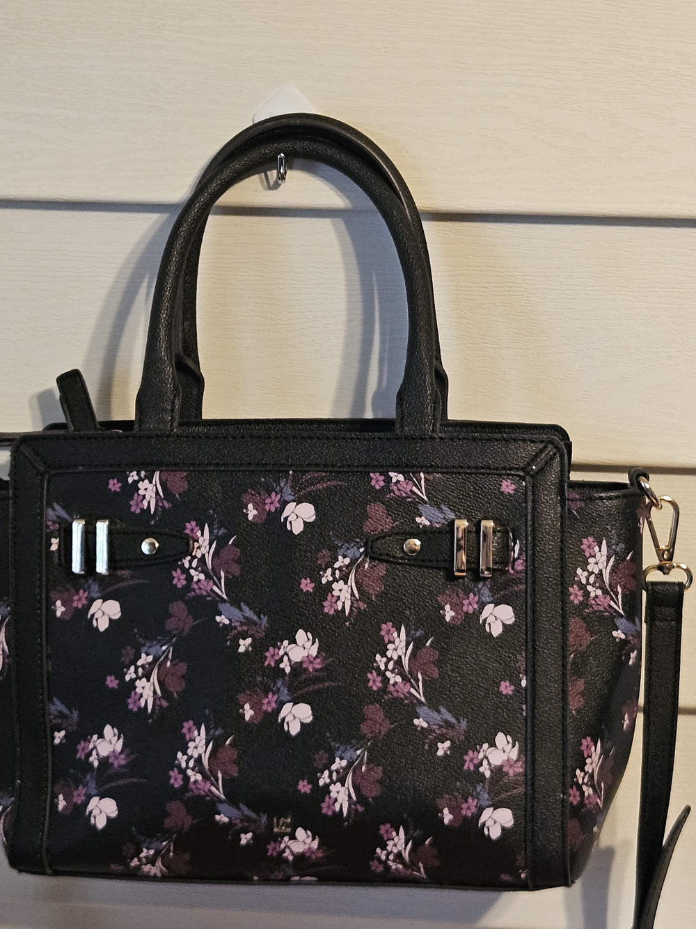 Liz Claiborne Black Purple Floral Satchel Handbag - Perfect Condition!